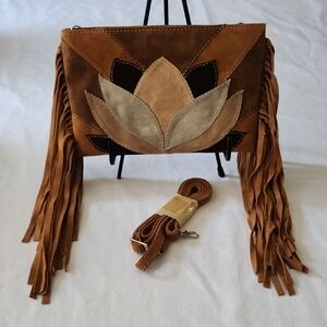 Jodi Lee Suede Leather Patchwork Fringe Crossbody Bag